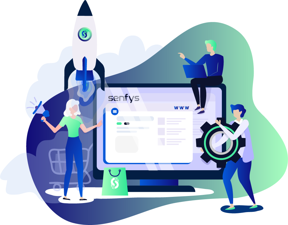Ilustración del equipo Senfys Solutions desarrollando soluciones web y e-commerce